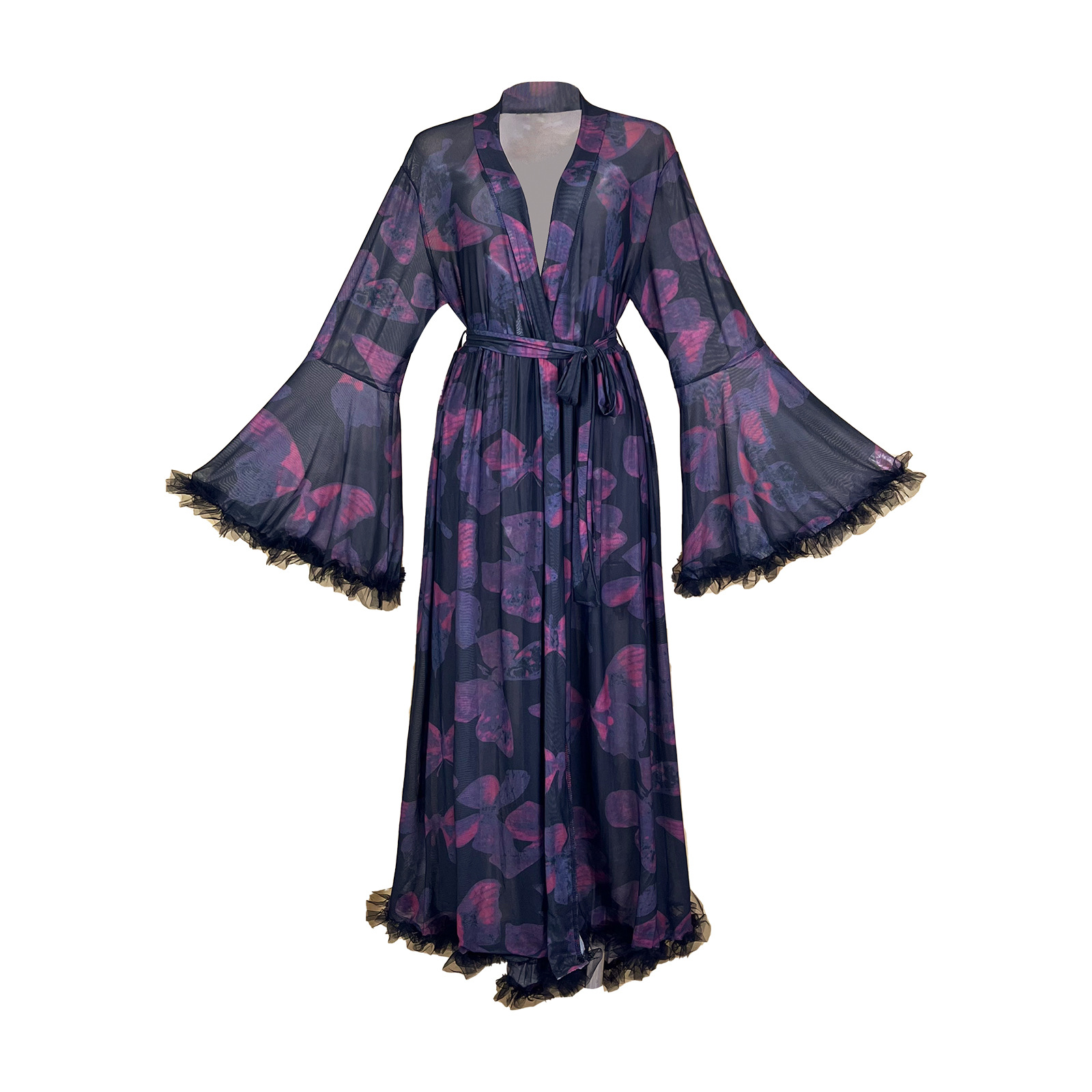 Kimono Sheer Floral - Sommerlicher, durchsichtiger, bedruckter Netz-Bademantel mit floralem,