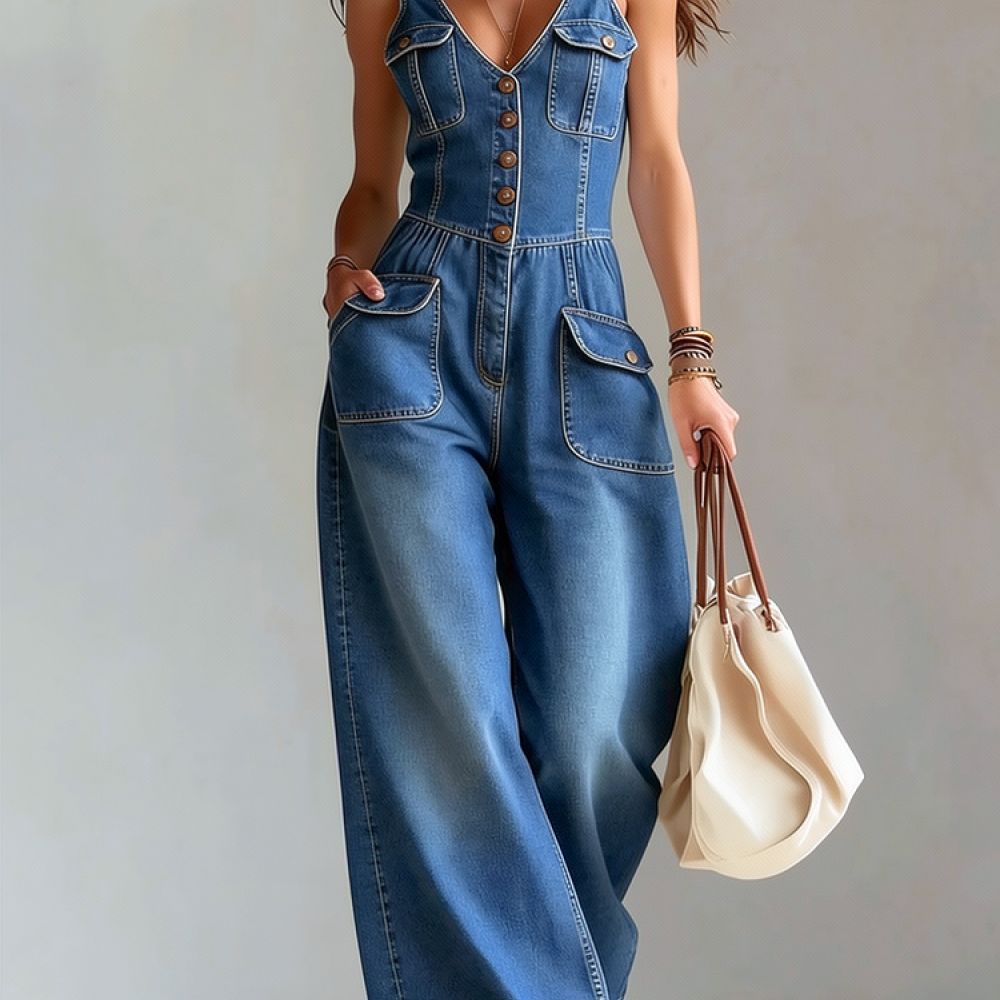 Jumpsuit Linen Relaxed - Damen Casual Washed Denim Jumpsuit Ärmellose