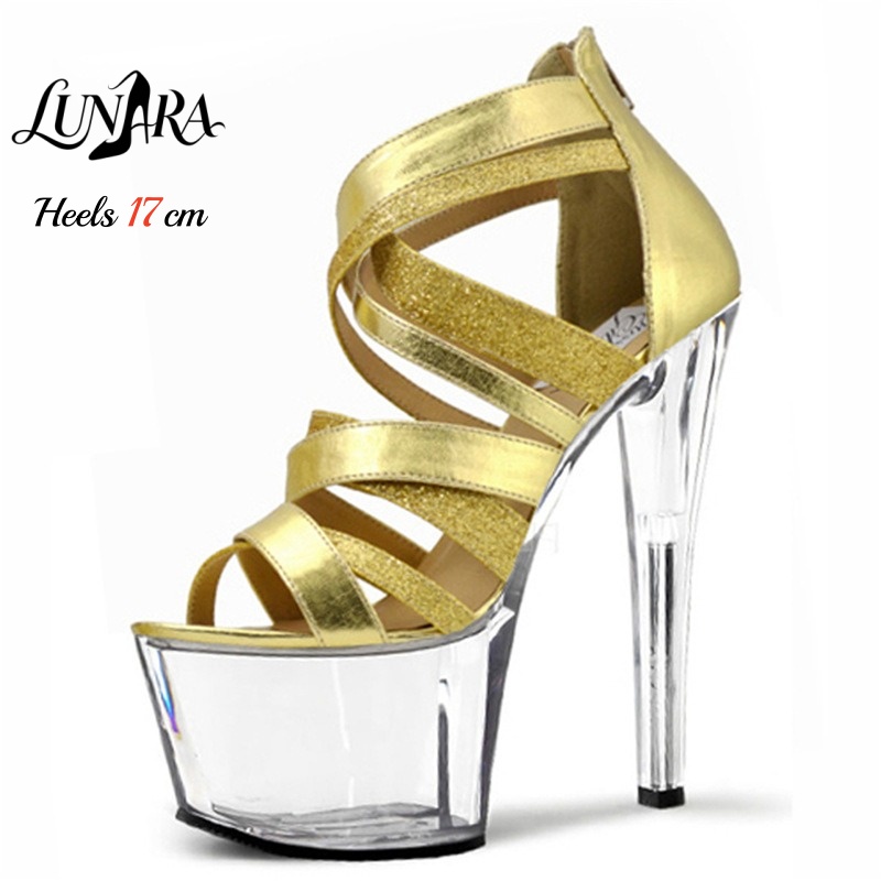 Sandal Strappy Heeled - 17cm/7 Zoll goldene Metallic-Riemchensandalen mit offenem