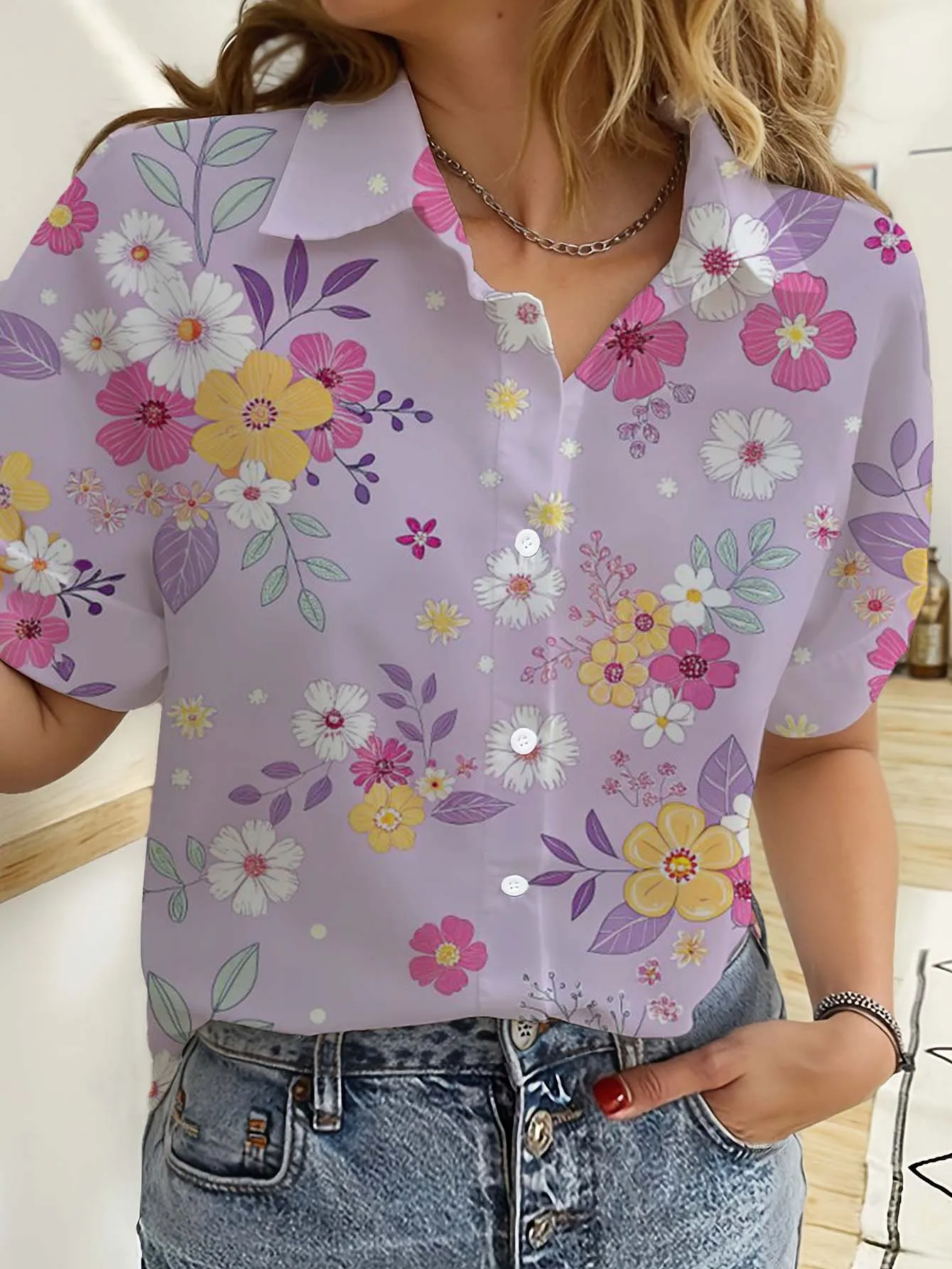 Romper Floral Print - Hawaiianische Damenhemden Kurzarm Knopf Blumen Rose
