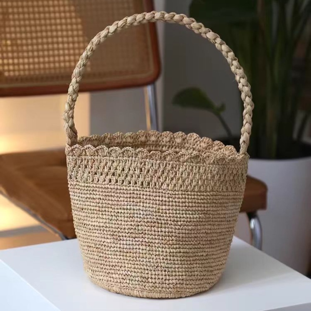 Crochet Bag Raffia - Handgemachte gehäkelte Stroh-Eimertasche, böhmische Bast-Damen-Handtasche, Reise-Strandtasche,
